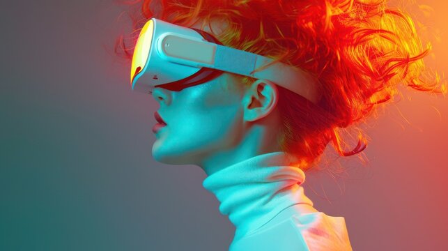 Red haired Woman wearing VR headset, side view