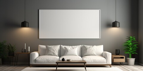 Fototapeta na wymiar Blank horizontal poster frame mock up in minimal Scandinavian white style living room interior, modern living room interior background, pink and golden
