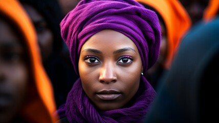 Young African woman in a purple turban in the middle of the crowd defending her women's rights. - obrazy, fototapety, plakaty