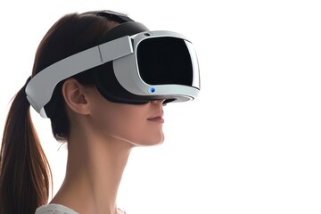 Woman wearing VR headset, side view, white background