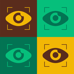Pop art Big brother electronic eye icon isolated on color background. Global surveillance technology, computer systems and networks security. Vector
