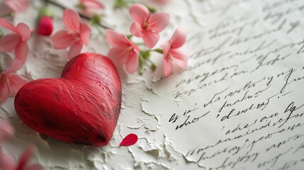 Red Wooden Heart on Love Letter with Flowers