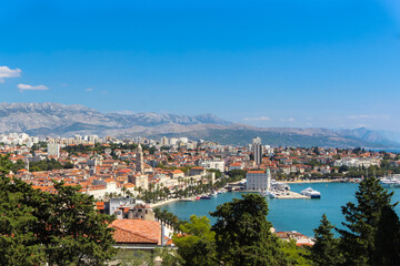 Naklejka na ściany i meble Splendid Heights: Architectural Wonders, Mountain Views, and Aerial Beauty in Split, Croatia