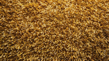 Top View Of A Golden Artificial Grass Background. Golden Synthetic Turf. Lush Textured Background from a Top-View Perspective