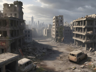 Desolate Urban Landscape Abandoned City Ruins Post Devastating Battle in War Zone. Generative AI