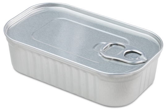 Tin Can, Canned food. Easy open tin can. Aluminium metal can. Conserve, preserve food. Grocery store. Wild wild caught fish no salt added, canned sustainably. Food photography. Isolated photo.