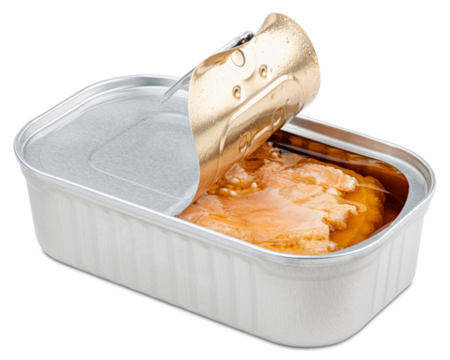 Tin Can, Canned food. Easy open tin can. Aluminium metal can. Conserve, preserve food. Wild pink Salmon fish no salt added, canned sustainably wild caught, kosher. Food photography. Isolated photo.