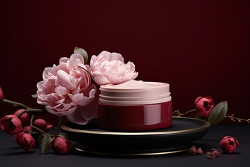cosmetic cream product presentation on the podium with peonies flowers on the background. rich burgundy background