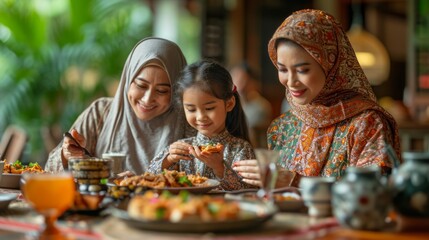 A Muslim family enjoys a traditional Eastern sweets together, two women in hijabs and a young girl....