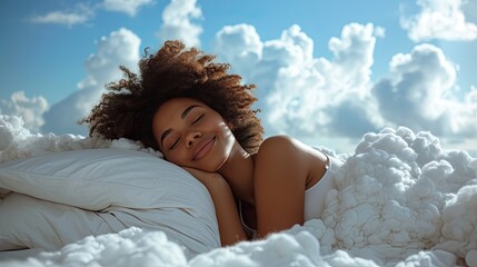 Young black woman sleeping among cottony clouds, deep and restful sleep concept.