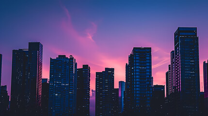 City at Dusk. Sunset Silhouettes of Towering Business Buildings