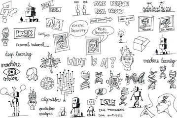 hand drawn architectural sketches of artificial intelligence topics and robots and IT identity and DNA analysis by AI