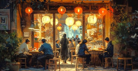 Fototapeta na wymiar Illustration of friends sharing a variety of Eastern sweets at a cozy cafe decorated with hanging lanterns. Concept of socializing, cafe culture, casual dining, and friendly atmosphere.