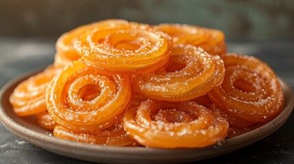 Obraz na płótnie Canvas Jalebi coated in sugar syrup, traditional Indian sweet dish. Delicious oriental sweets. Concept of Indian cuisine, Dessert, Traditional food