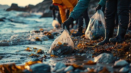 unrecognizable, people, volunteers, person, helps, working, clean, beach, picking, trash, bags, pollution, contamination, shoreline, sea, sand, collecting, group, team, ecology, environment, disaster, - obrazy, fototapety, plakaty