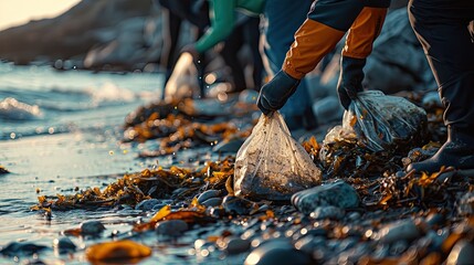 unrecognizable, people, volunteers, person, helps, working, clean, beach, picking, trash, bags, pollution, contamination, shoreline, sea, sand, collecting, group, team, ecology, environment, disaster,