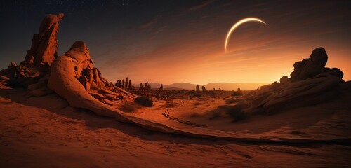 Mesmerizing surreal desert landscape with twisted rock formations illuminated by starlight.