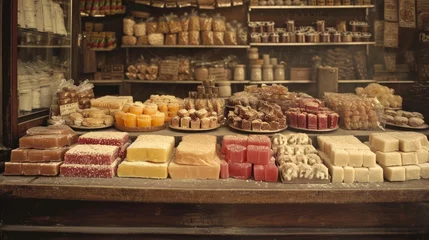 Deurstickers Traditional Eastern sweets in old-fashioned bazaar setting 20th-century. Vintage style with sepia tone. Concept of vintage candy store, nostalgic sweets assortment, antique shop ambiance. © Jafree