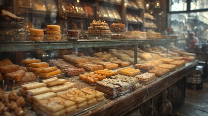 Traditional Eastern sweets in old-fashioned bazaar setting 20th-century. Vintage style with sepia tone. Concept of vintage candy store, nostalgic sweets assortment, antique shop ambiance.