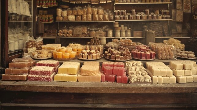 Traditional Eastern sweets in old-fashioned bazaar setting 20th-century. Vintage style with sepia tone. Concept of vintage candy store, nostalgic sweets assortment, antique shop ambiance.