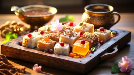 Eastern sweets made with organic ingredients, presented on a wooden table with natural light,...