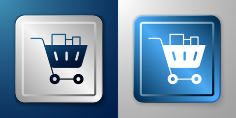 White Shopping cart and food icon isolated on blue and grey background. Food store, supermarket. Silver and blue square button. Vector