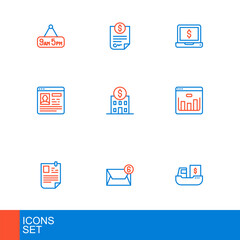 Set line Cargo ship with boxes delivery, Mail and e-mail, Resume, Browser stocks market, Bank building, Laptop dollar and Contract money icon. Vector