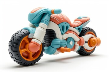 Futuristic colorful toy motorbike isolated on a white background. Concept of kids friendly toys, transport-themed playthings, playful modern designs, and bright colors