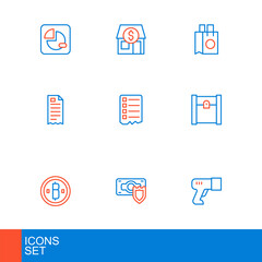 Set line Scanner scanning bar code, Money with shield, Cryptocurrency coin Bitcoin, Paper shopping bag, Financial check, Shopping list, and Market store icon. Vector