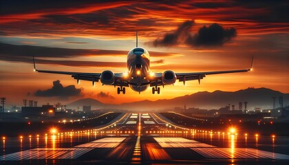 A commercial airplane is landing on a runway at sunset, with a dramatic red sky in the background and the runway lights reflecting on the tarmac. - obrazy, fototapety, plakaty