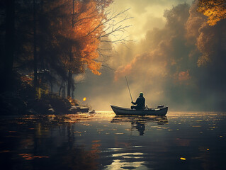 man fishing in the morning in a boat in autumn, autumn, fishing, lake, man, created with Generative AI technology