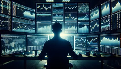 A silhouetted figure studies an array of glowing financial graphs and world maps on multiple screens in a dark, high-tech trading environment. - obrazy, fototapety, plakaty