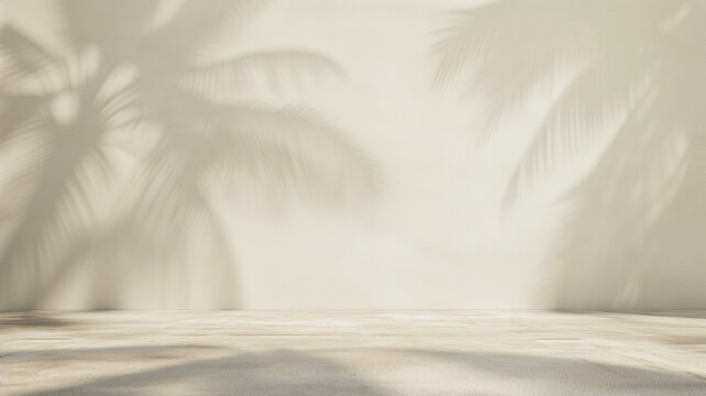 Blank white wall with shadow of palm tree, Tropical leaves. for product presentation