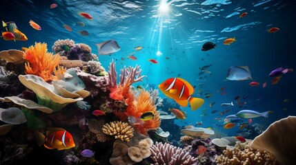 Naklejka na ściany i meble Breathtaking shot of the underwater world and tropical fish