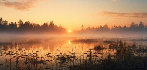 Fototapeta na wymiar Mesmerizing tranquil marshland at sunrise with mist rising above the still waters.