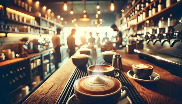 This is a cozy, warmly lit coffee shop scene with baristas and customers in the background and a close-up of artfully crafted cappuccinos in the foreground.