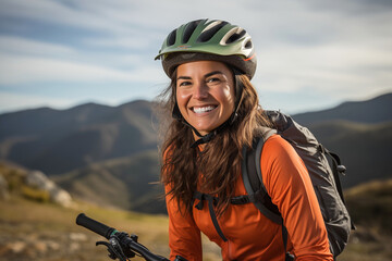 Smiling Woman drive in Mountain Biking on a Mountain Background