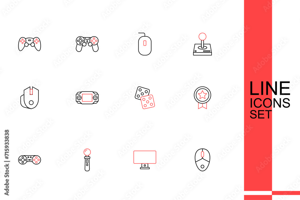 Poster set line computer mouse, monitor, vr controller game, game joystick, rating with medal, dice, portab