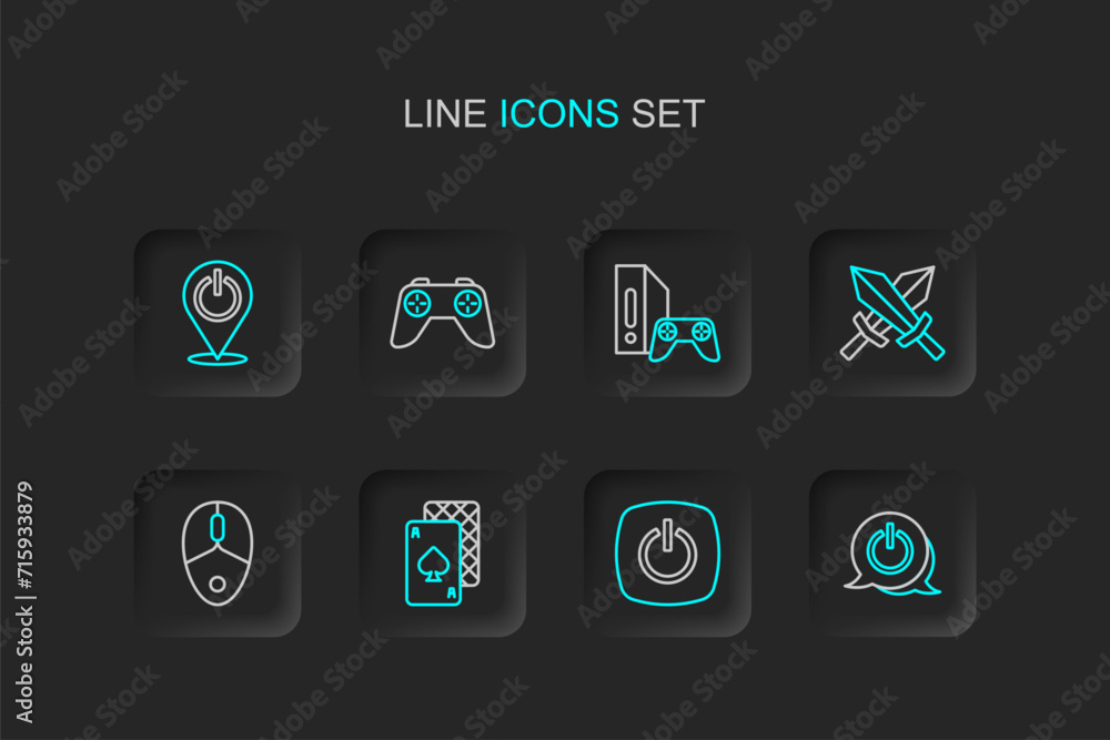 Poster set line power button, playing cards, computer mouse, sword for game, game console with joystick, co