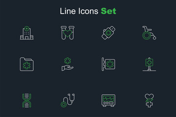 Set line Ethnoscience, Monitor with cardiogram, Stethoscope, DNA symbol, Location hospital, Emergency - Star of Life, Cross medical and Medical health record folder icon. Vector