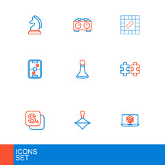 Set line Game dice, Whirligig toy, Bingo, Puzzle pieces, Air hockey table, Chess pawn, Board game and Time chess clock icon. Vector