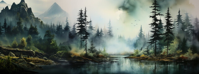 Amazing mystical fog forest landscape