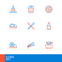 Set line Asian noodles in bowl, Food chopsticks with, Xiao long bao, Soy sauce bottle, Sushi, Homemade pie and paper box icon. Vector