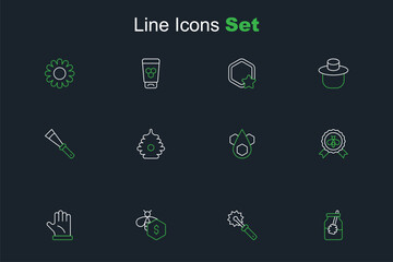 Set line Jar of honey and dipper stick, Cutter roll for, Sale bees, Beekeeper glove, Best, Honeycomb, Hive and Beekeeping knife icon. Vector