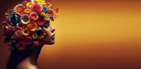 Portrait of a girl with flowers in her hair. - obrazy, fototapety, plakaty
