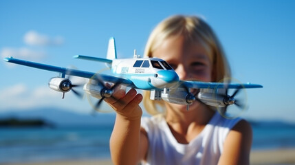 A girl playing with an airplane model, dreaming of becoming a flight attendant