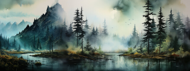 Amazing mystical fog forest landscape