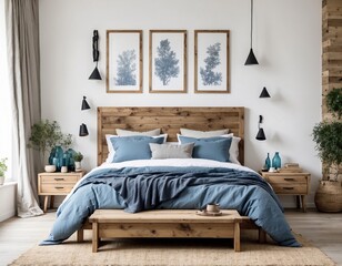 Rustic wooden bed with blue pillows and two bedside cabinets against white wall with three posters frames. Farmhouse interior design of modern bedroom.