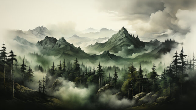 Amazing mystical fog forest landscape