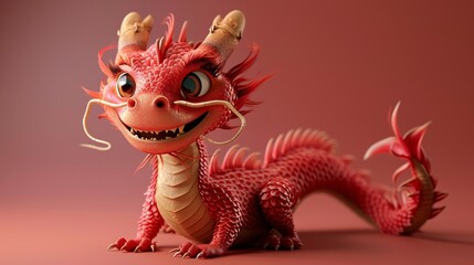 A cheeky red dragon with lively, expressive eyes and a playful stance, adding a touch of mischievous charm against a warm red background